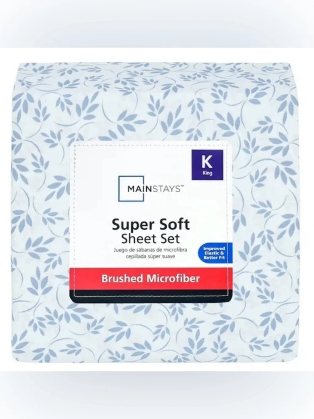 Mainstays Super Soft Brushed Microfiber King Bed Sheet Set Light Blue Leaves NWT